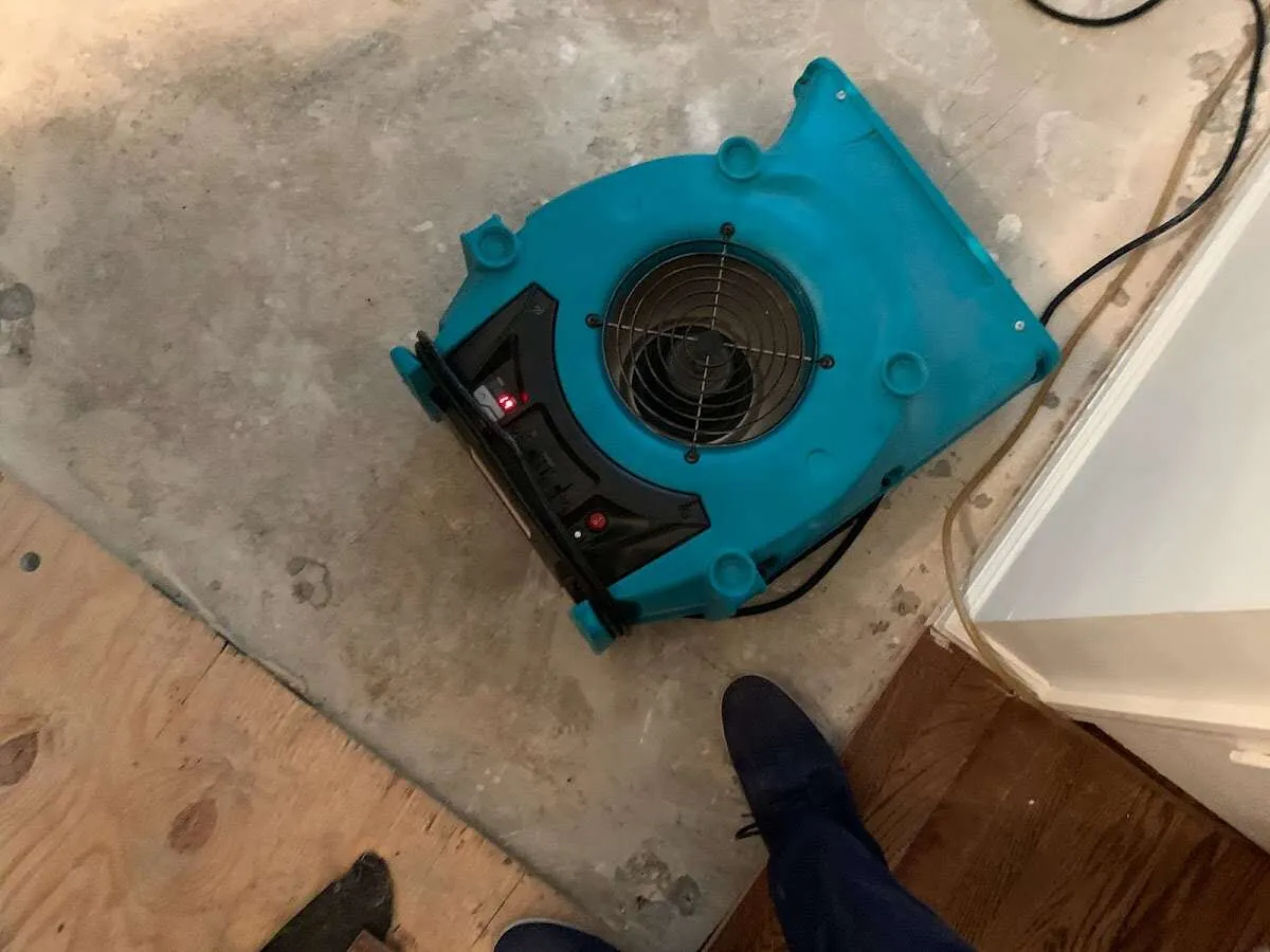 Air mover drying subfloor during Leak Detection & Repair in West Hazleton